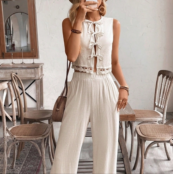 Linen 2pcs Women's Solid Color Lace Patchwork Bow Tie Sleeveless Top And Pants - Picture 2 of 6